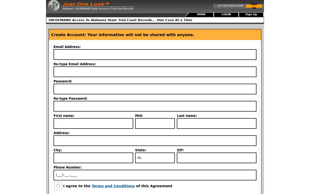 Autauga County case lookup Just One Look registration form
