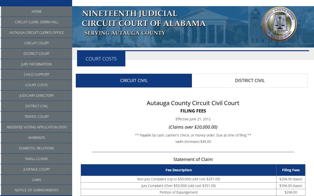 Autauga County civil docket filing and service cost page