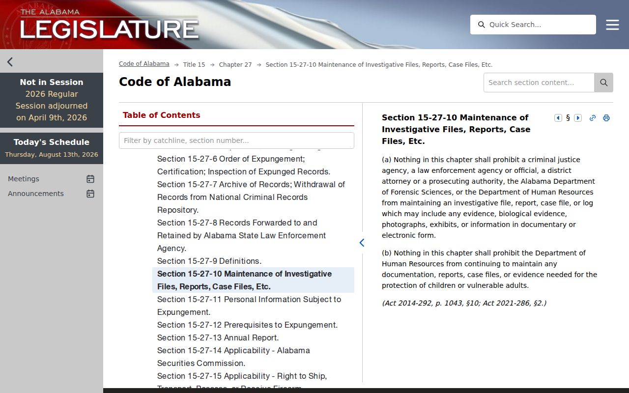 Autauga County criminal docket expunged record custody law