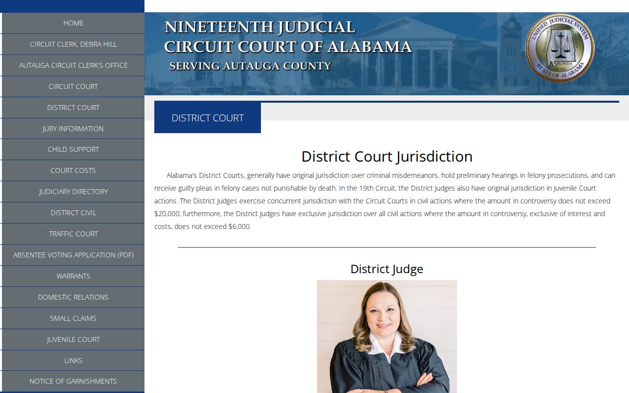 Autauga County District Court docket jurisdiction and local court information