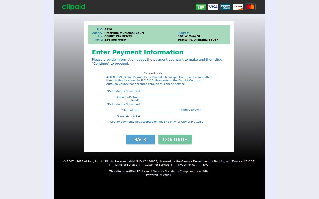 Prattville court docket payment intake fields